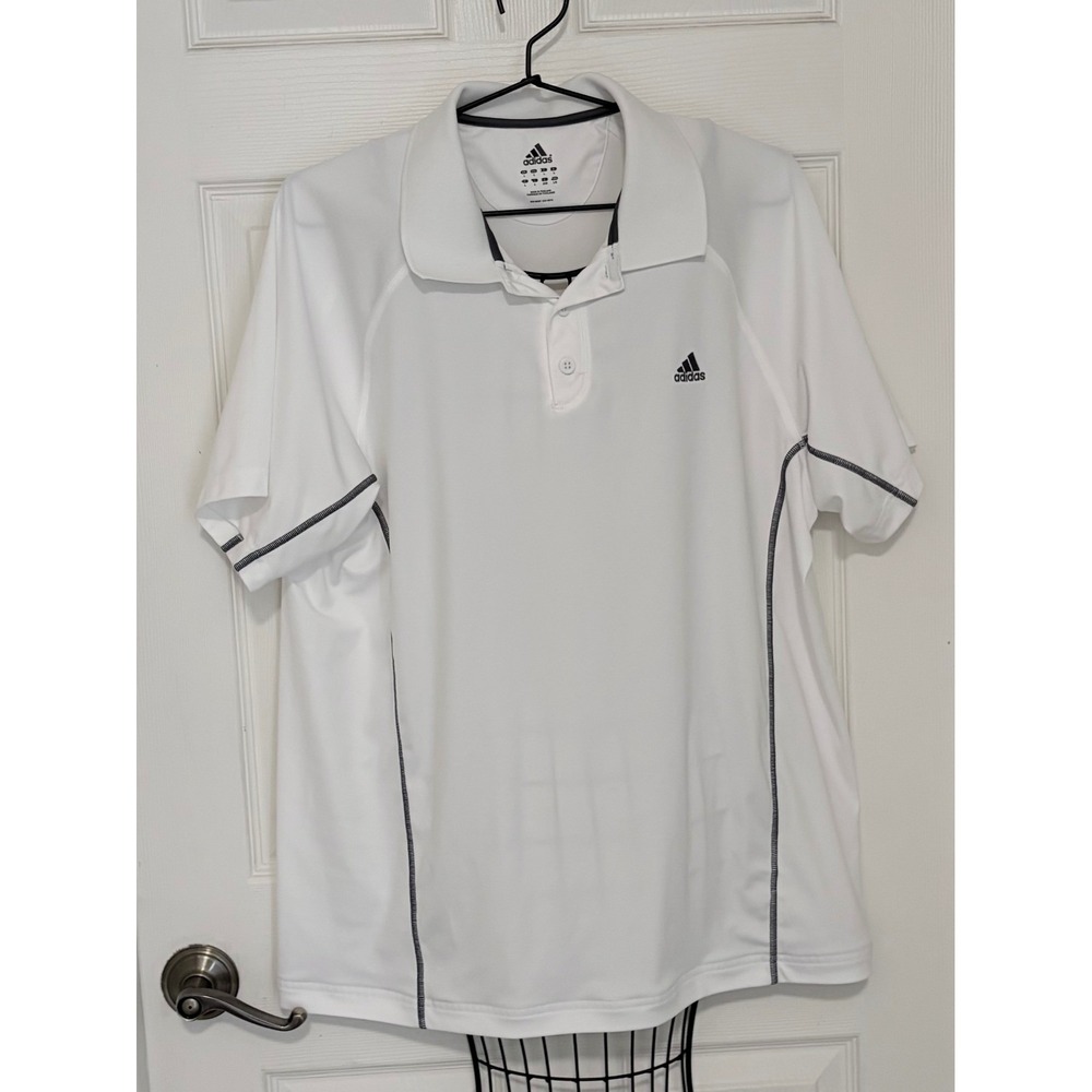 Adidas Mens Large White Performance Golf Polo Shirt Gray Trim Athletic